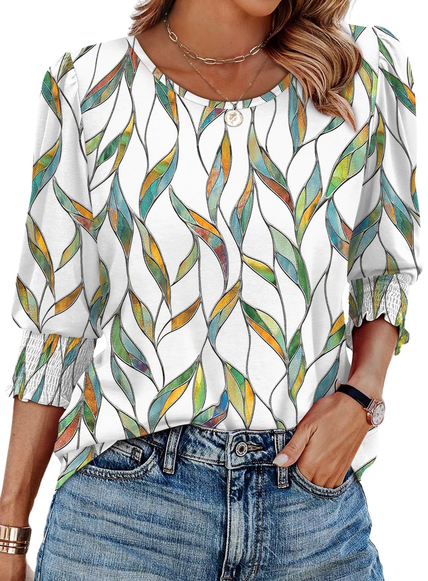 Women Dressy Casual 3/4 Length Sleeve Womens Tops with Smocked Cuffs