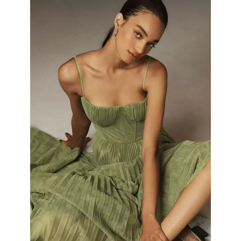 Bustier Pleated Tulle Fit & Flare Midi Dress