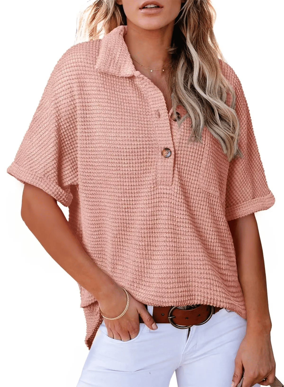 ✨2025 New Women's Waffle Knit Short Sleeve Tunic Henley Shirts