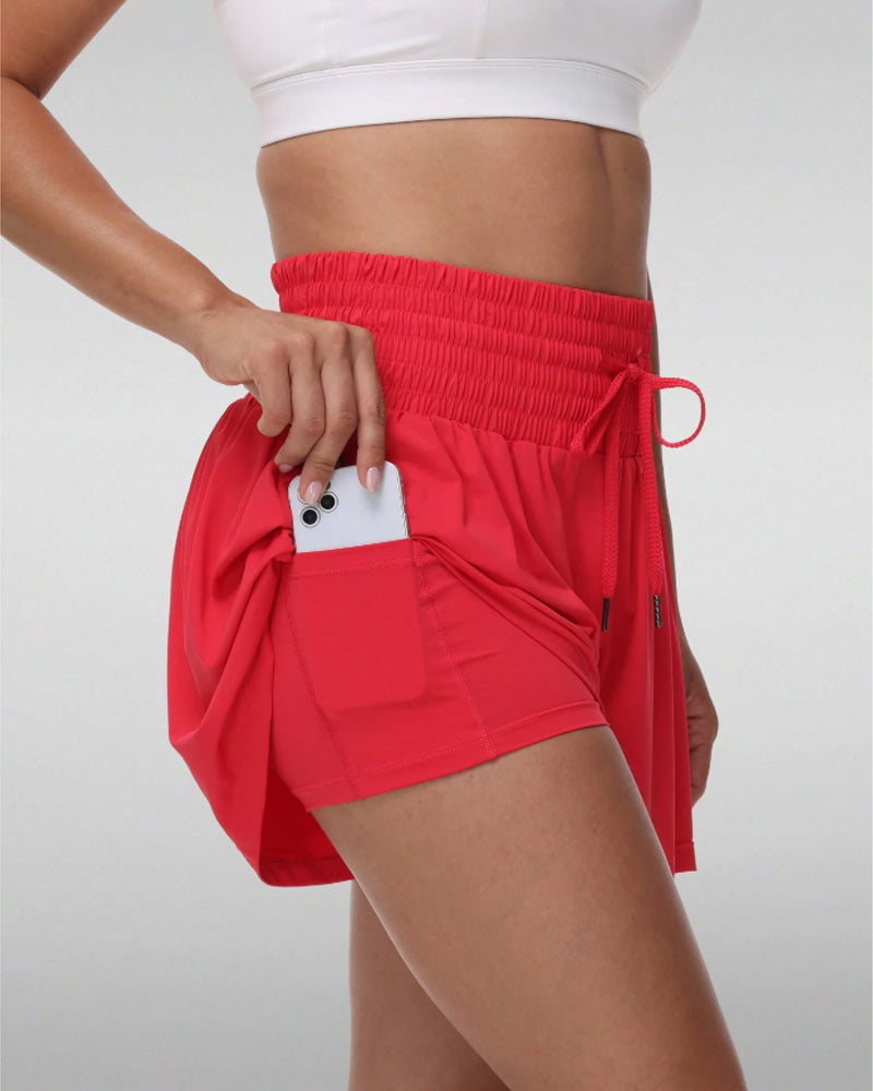 2 In 1 Pocket Drawstring Athletic High Waisted Sports Shorts Skirt For Women