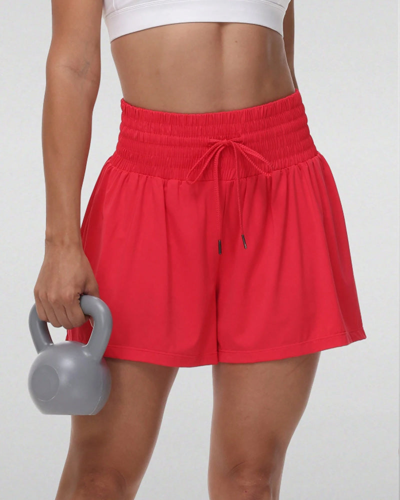 2 In 1 Pocket Drawstring Athletic High Waisted Sports Shorts Skirt For Women