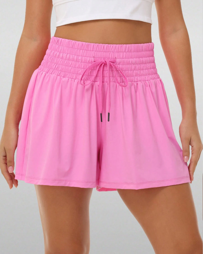 2 In 1 Pocket Drawstring Athletic High Waisted Sports Shorts Skirt For Women