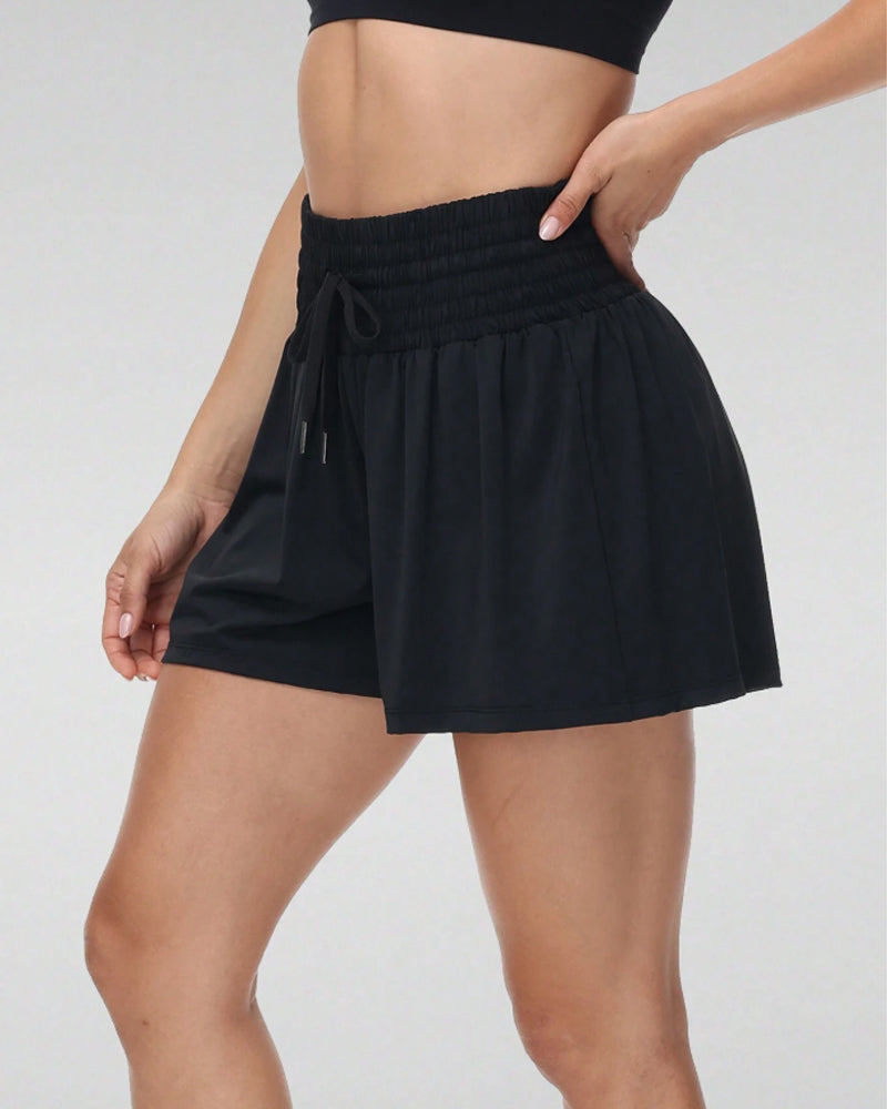 2 In 1 Pocket Drawstring Athletic High Waisted Sports Shorts Skirt For Women