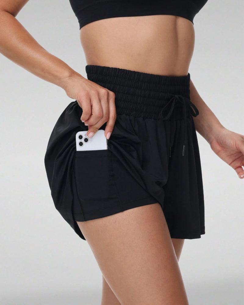 2 In 1 Pocket Drawstring Athletic High Waisted Sports Shorts Skirt For Women