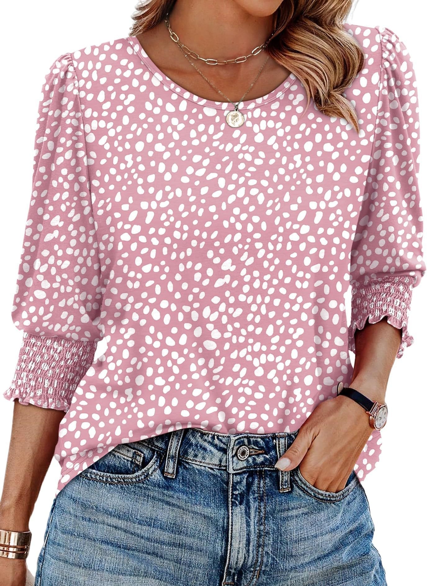 Women Dressy Casual 3/4 Length Sleeve Womens Tops with Smocked Cuffs
