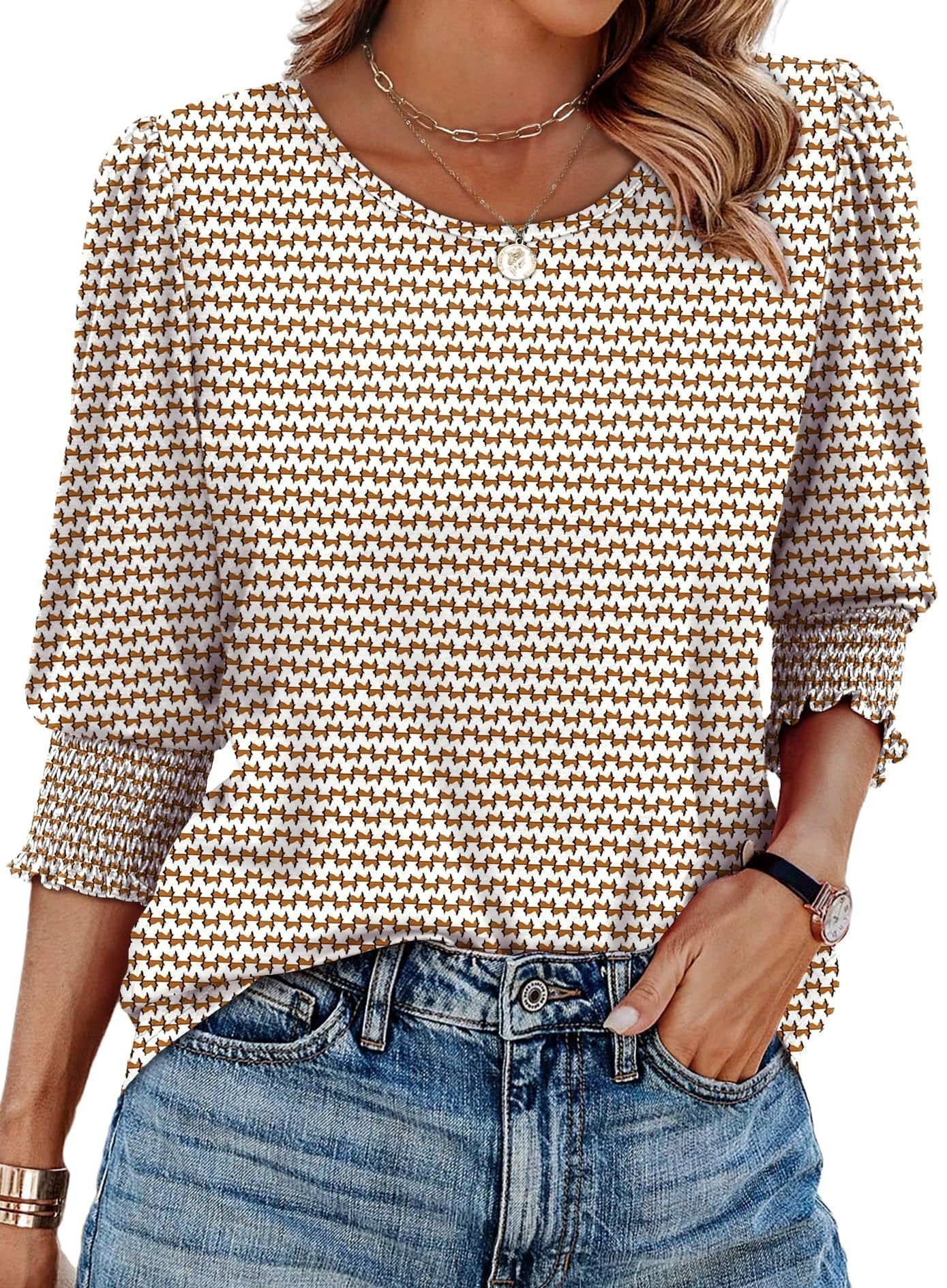 Women Dressy Casual 3/4 Length Sleeve Womens Tops with Smocked Cuffs