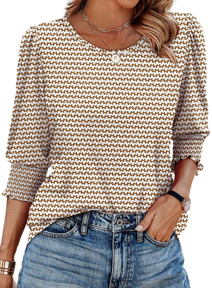 Women Dressy Casual 3/4 Length Sleeve Womens Tops with Smocked Cuffs