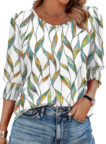Women Dressy Casual 3/4 Length Sleeve Womens Tops with Smocked Cuffs