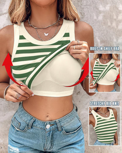 Tank Top with Built in Bra, Round Neck Ribbed Tank Top with Bra Pads