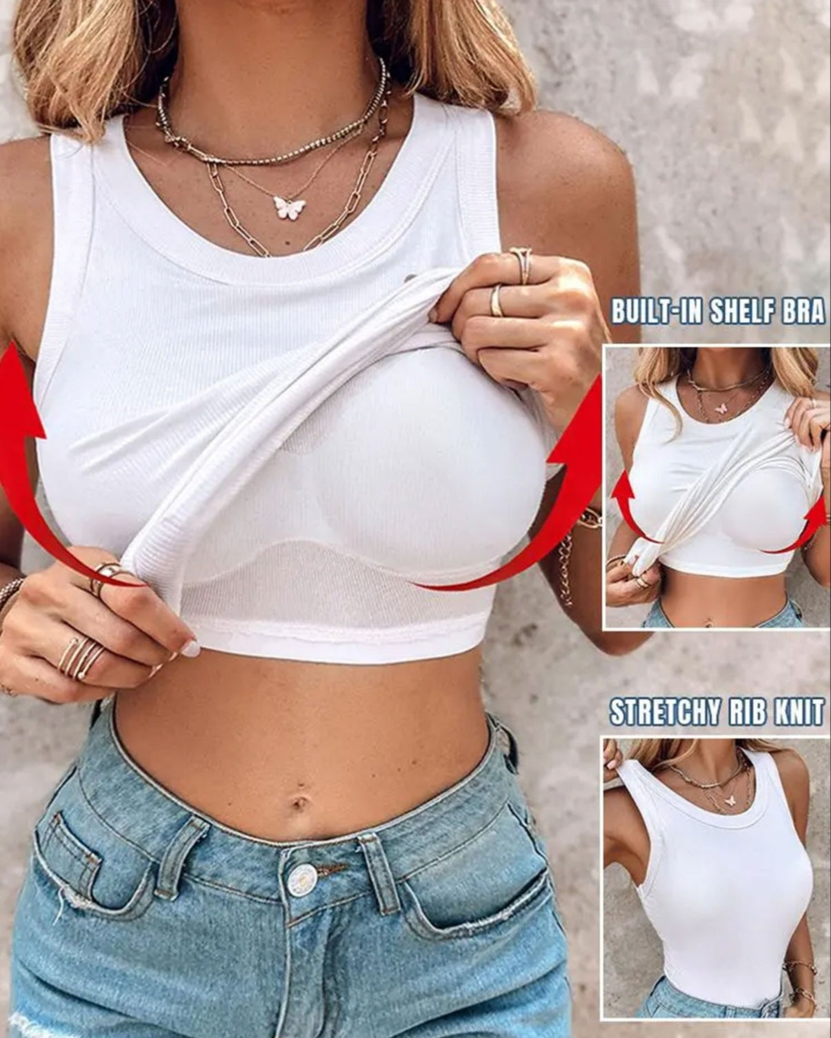 Tank Top with Built in Bra, Round Neck Ribbed Tank Top with Bra Pads