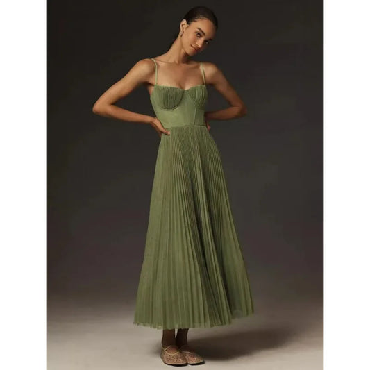 Bustier Pleated Tulle Fit & Flare Midi Dress