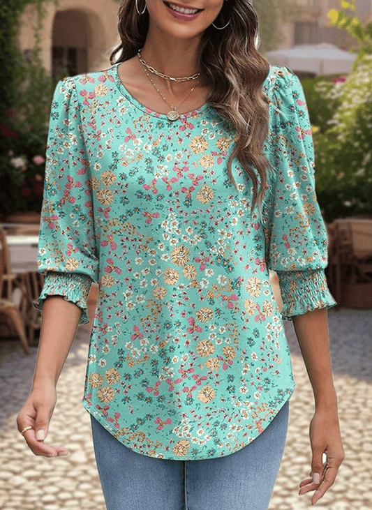 Women Dressy Casual 3/4 Length Sleeve Womens Tops with Smocked Cuffs