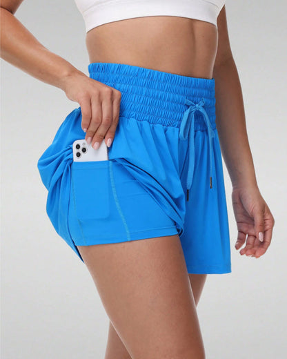 2 In 1 Pocket Drawstring Athletic High Waisted Sports Shorts Skirt For Women